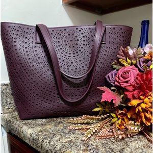 Madison West Eyelet Eggplant Plum Large Oversized Tote Shoulder Purse 2 in 1